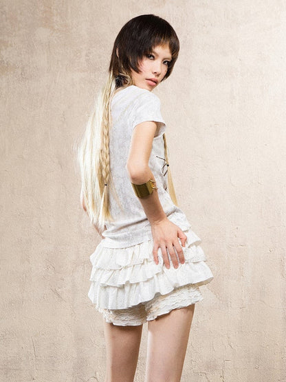 Gyaru Fashion Beige Punk Leopard Print Skort with Ruffle Layers & Elastic Waist