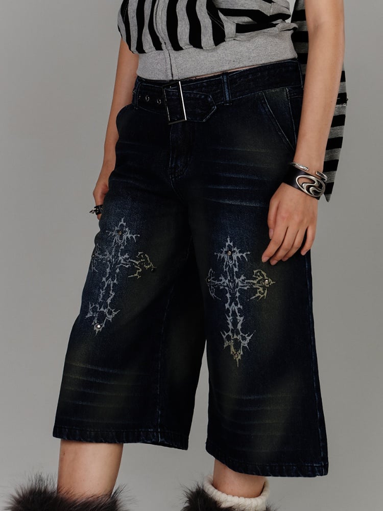 Blue Cross Print Faded Wash Glamorous Distressed Jeans with Buckle Belt