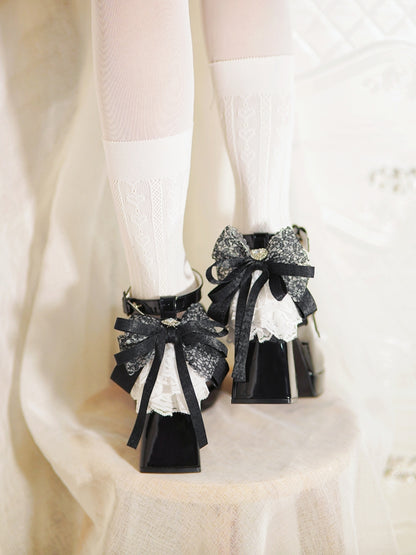 Black Knotted Bow at Top Lace Trim Heart Buckles High Block Heels