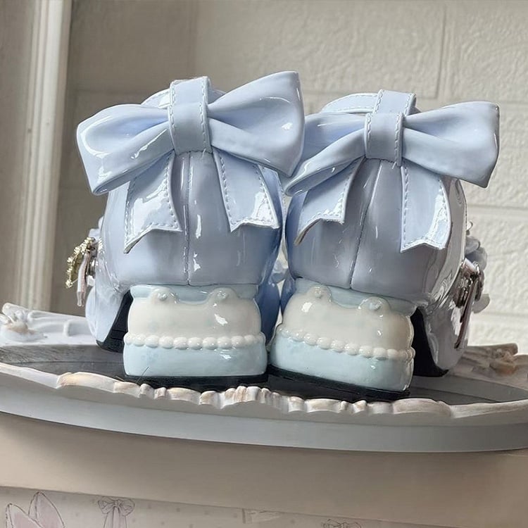 Mid-heel Sweet Blue Mary Janes for Lolita with Adorable Bear Heel & Multi-layer Bow at Top