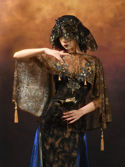 Gold High-low Design Cutout Back Shawl with Tassels and Bead Chain