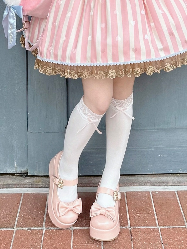 Hugging Bear Heart Buckle Pink Bow at Top Platform Mary Janes with Velcro Strap