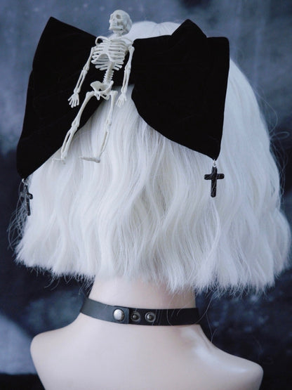 Handmade Skeleton Gothic Black Velvet Big Bow Hairclip with Crosses