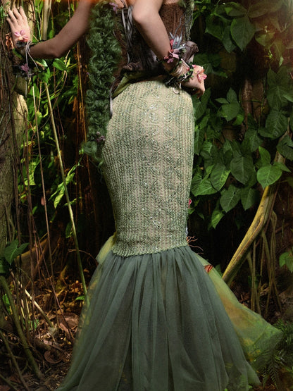 Butterfly and Floral Decorated Green Forest Fairy Goth Double Layers Tulle Hem Mermaid Skirt
