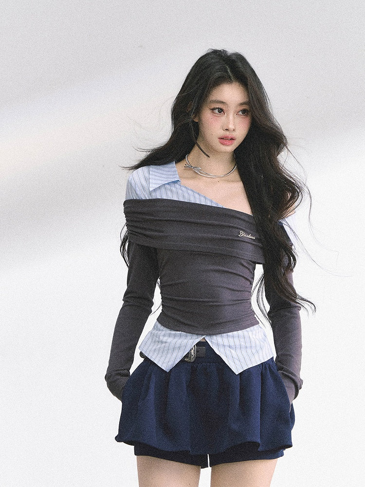 Gray and Blue Stripes Asymmetrical Neckline Faux Two-pieces Top