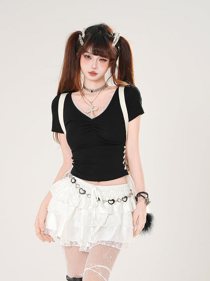 White/Black V-neck Lace Trim Lace-up Side Slim-fitting T-shirt