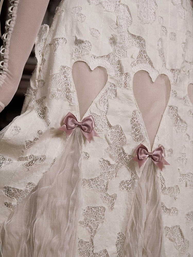 Romantic Goth Pink Bows Heart Cutout Light Cream Summer Slip Dress