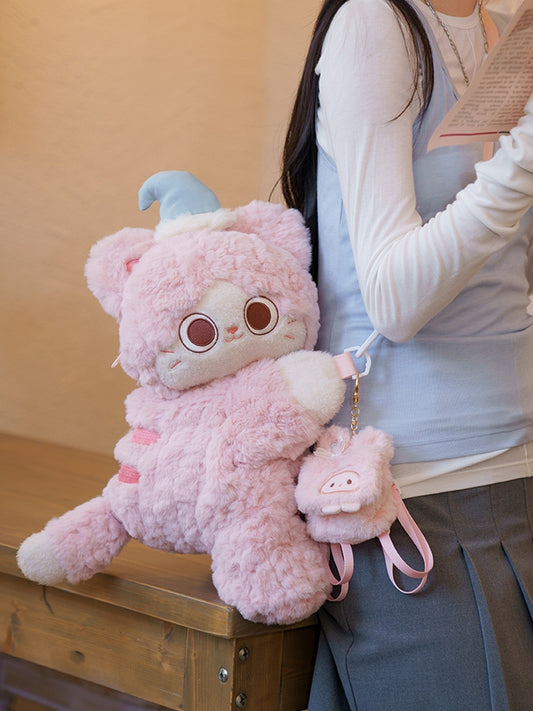 Pink Cute Plush Kitty Backpack/Crossbody Bag + Bowknot Decorated Rabbit Backpack Keychain