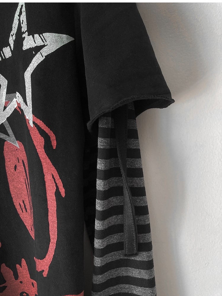 Skull and Stars Print Black Long Sleeves Top Fake Two-pieces