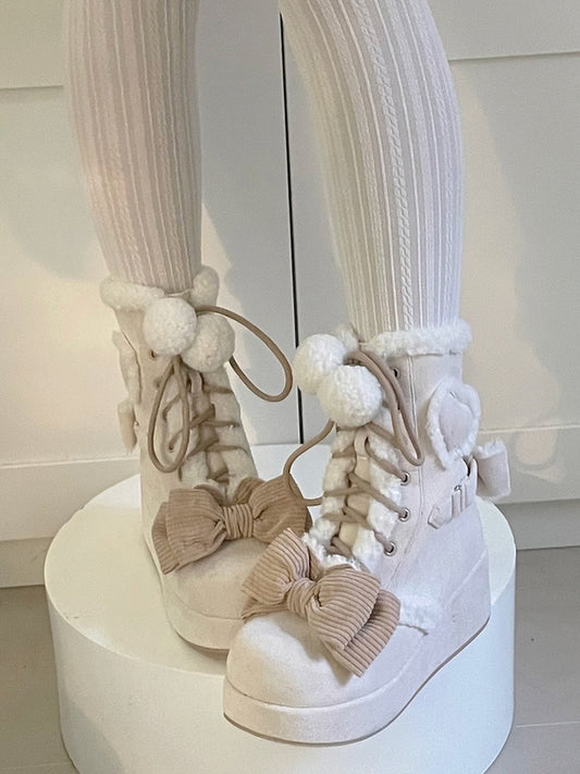 Sweet Apricot Winter Boots for Lolita - 6cm/8.5cm Platform Sole with Heart Applique & Pompom Charm Tie Decor