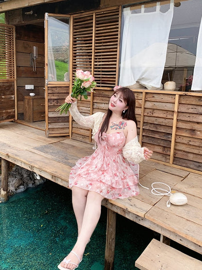 Plus Size Basque Waist Cascading Ruffle Pink Rosette Print Cami Dress High-low Skirt