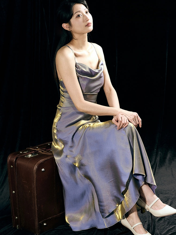 Purple Asymmetrical Flounce Hem Summer Cami Dress