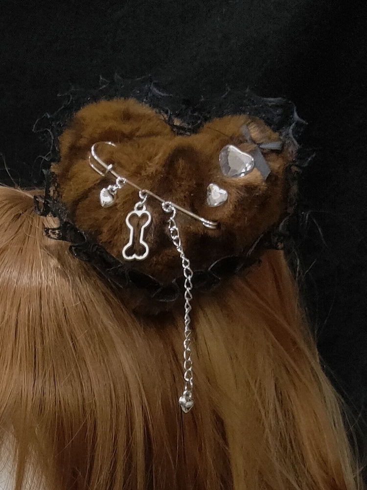 4 Color Options Lace Trim Tiger Spot Pattern Plush Heart Hairclip