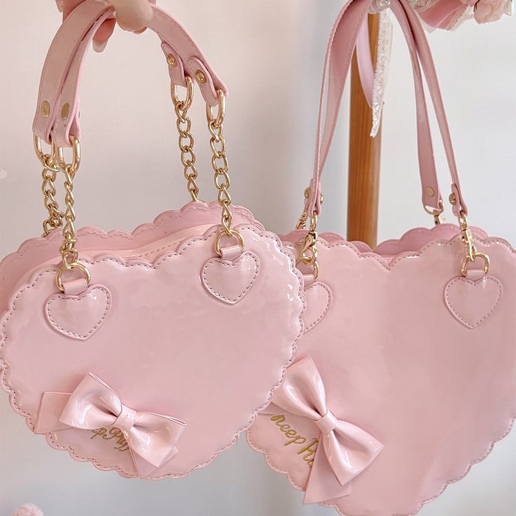 Sweet Light Pink Biscuit Bag for Lolita with Heart Shape Featuring Bow Decor & Zipper Fastening - Small Size