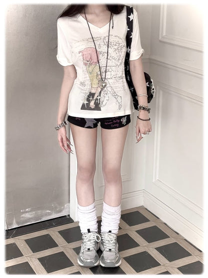 Green/Pink Anime Girl Print V-neck T-shirt