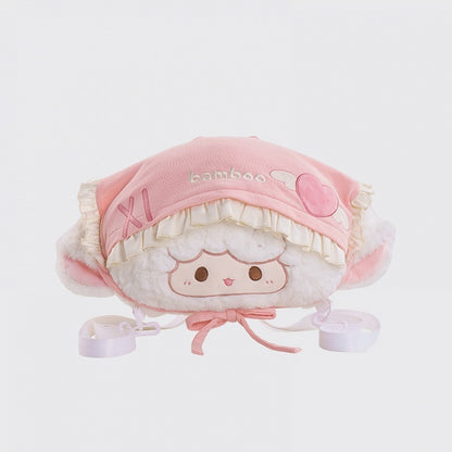 White&Pink Lamb-shaped Bowknot Plush Backpack