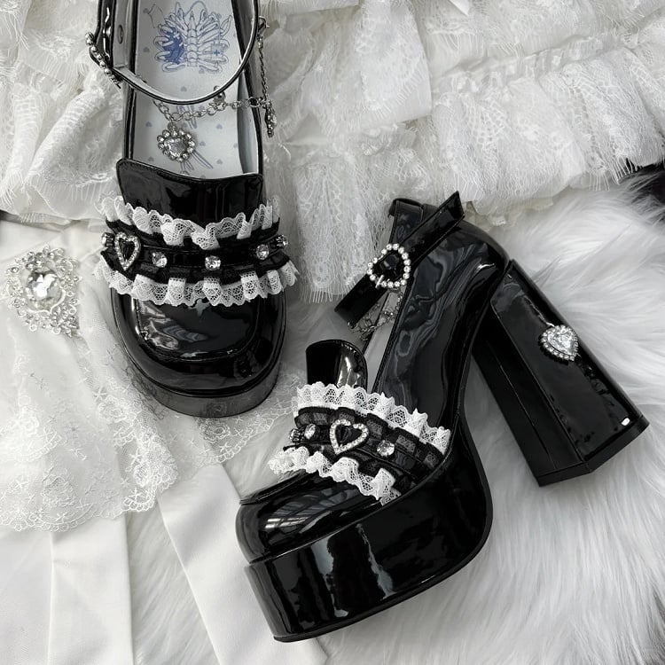 Dark Sweetheart Heels: Jirai Kei Polished Black Platforms with 12cm Block Heel & Rhinestone Chain
