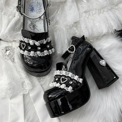 Dark Sweetheart Heels: Jirai Kei Polished Black Platforms with 12cm Block Heel & Rhinestone Chain