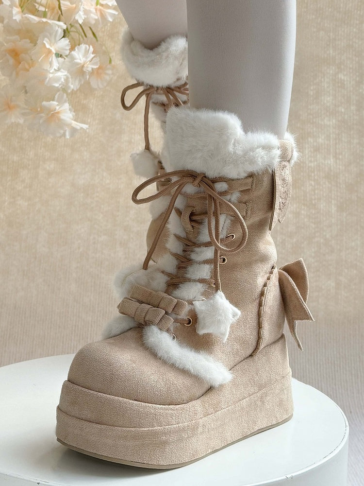 Light Brown Sweet Lolita Platform Boots with Cozy Fleece Lining, Lace-up Closure & Bow Details