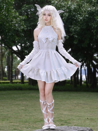 White Halter Neck Fairy Dress Structured Flowers Bodice