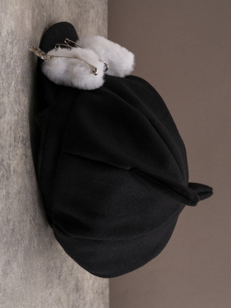 Black Gothic Pin Decorated Plush Bone Design Cat Ear Beret Hat