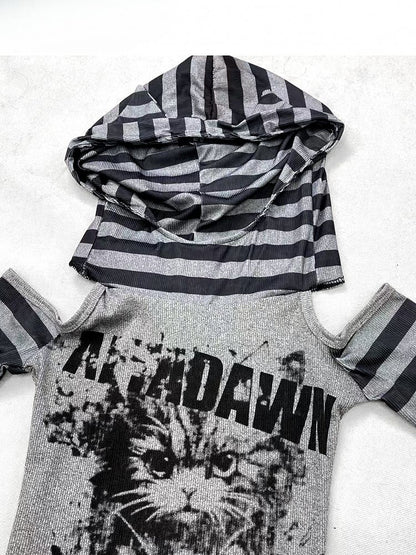 Dark Gray Cutout Shoulder Striped Pattern Print Design Hoodie Top