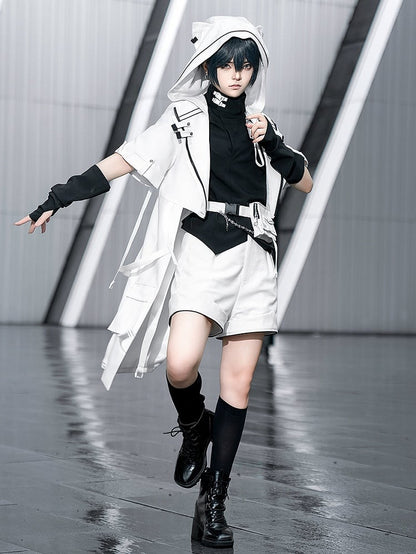 Cyberpunk Techwear Ouji Fashion White Cat Ears Hooded Coat