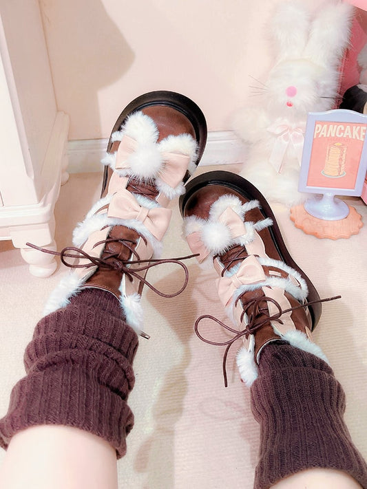 Brown Plush Bunny Ear Design Bow Accents Platform Fleece Ankle Boots