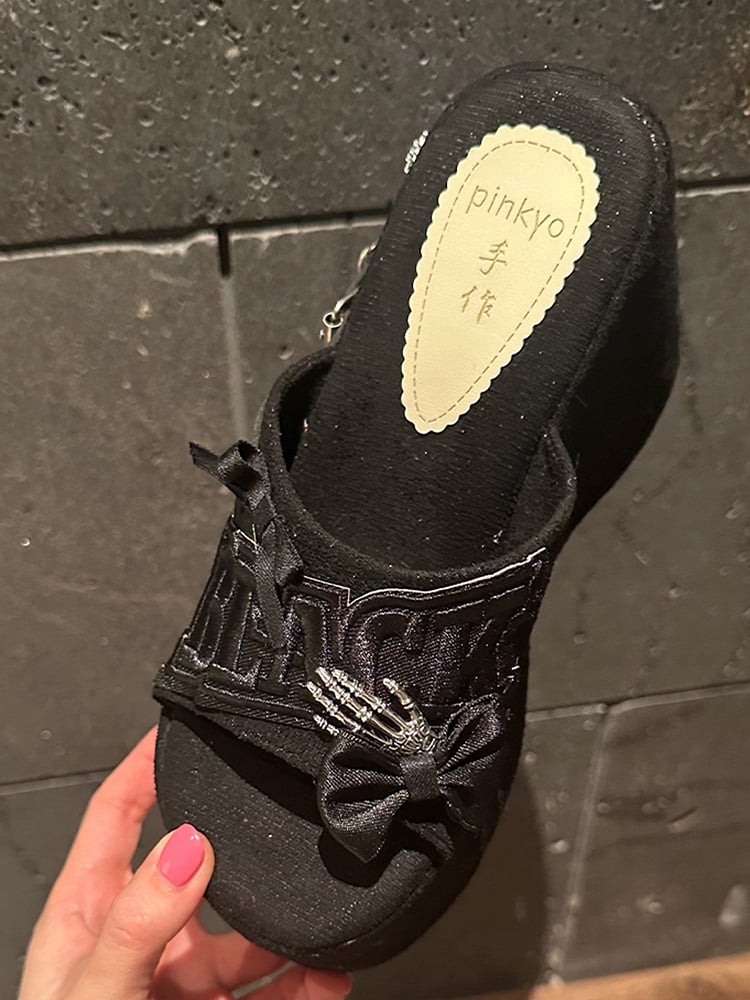 Y2K Skeleton Hand Embroidered Letters Punk Platform Slippers