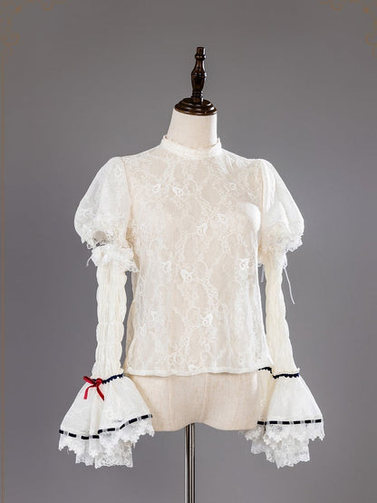 Beige and Dark Blue Lace Blouse with Detachable Sleeves