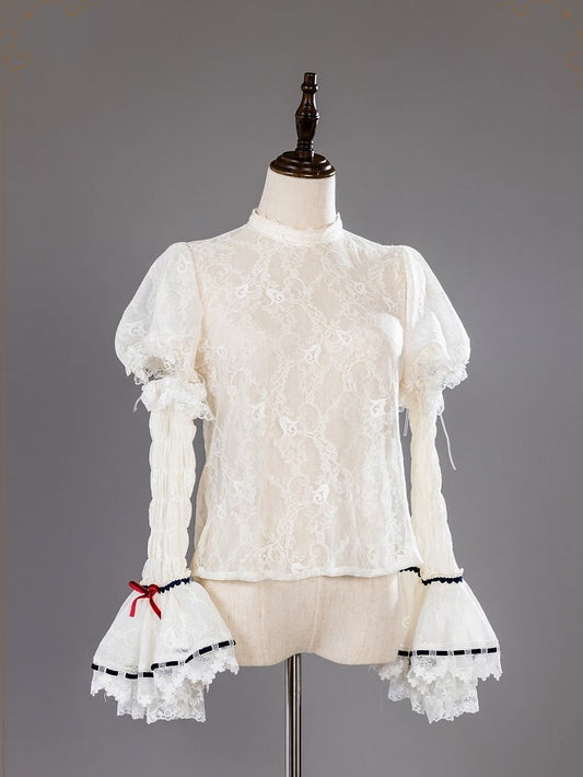 Beige and Dark Blue Lace Blouse with Detachable Sleeves