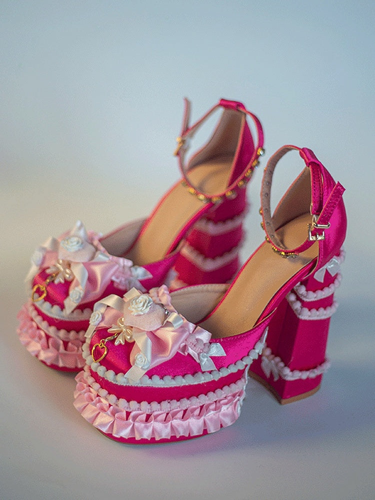 Rose Red Sweetheart and Bowknot Sweet Lolita High Block Heel Platforms