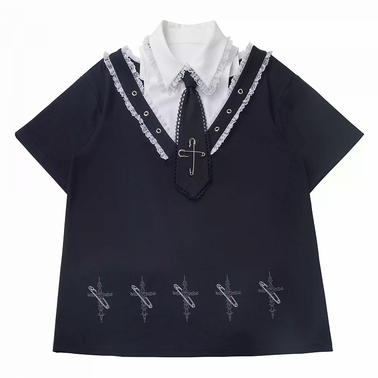 Black Shirt Collar Pin Cross Print T-Shirt with Free Tie