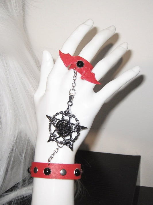 Black/White/Red Stud Detail with Bat Wings Design Ring