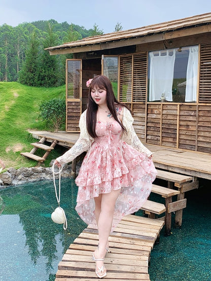 Plus Size Apricot Self-tie Straps Hollow-out Lace Top