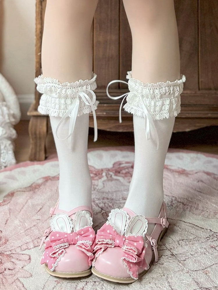 Pink Crisscross Design Bunny Ear Polka-dot Pattern Bow at Top Lolita Shoes