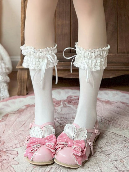 Pink Crisscross Design Bunny Ear Polka-dot Pattern Bow at Top Lolita Shoes