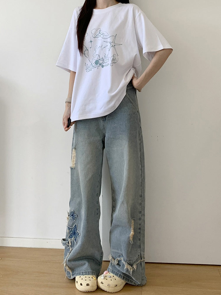 Seashell and Jellyfish Print White Round Neck T-shirt Regular/Short Version