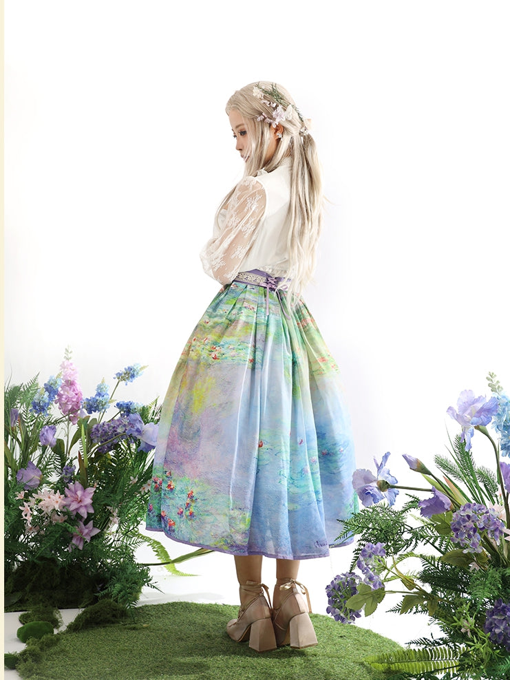Water Lily Oil Painting Print Gray and Purple High Waist Skirt Long/Short Version