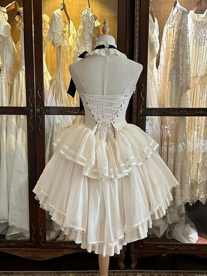 Creamy Delicate Embroidery Detail Classic Lolita Backless Halter Neck Dress
