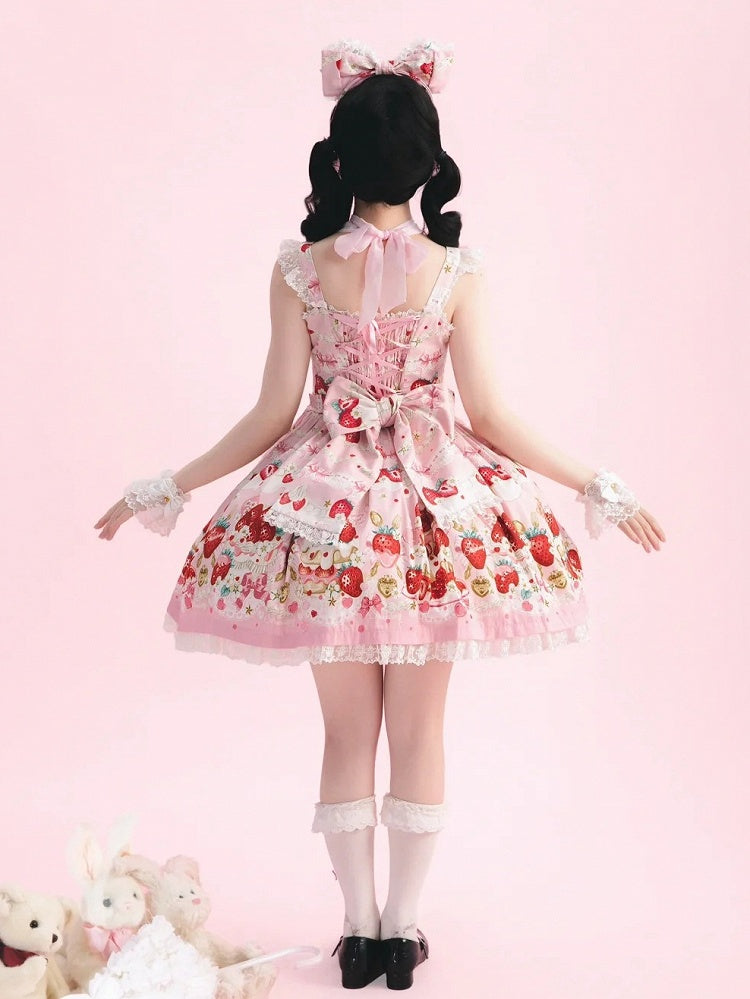 Strawberry Cake Print Pink Sweet Lolita Jumper Skirt