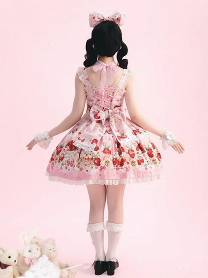 Strawberry Cake Print Pink Sweet Lolita Jumper Skirt