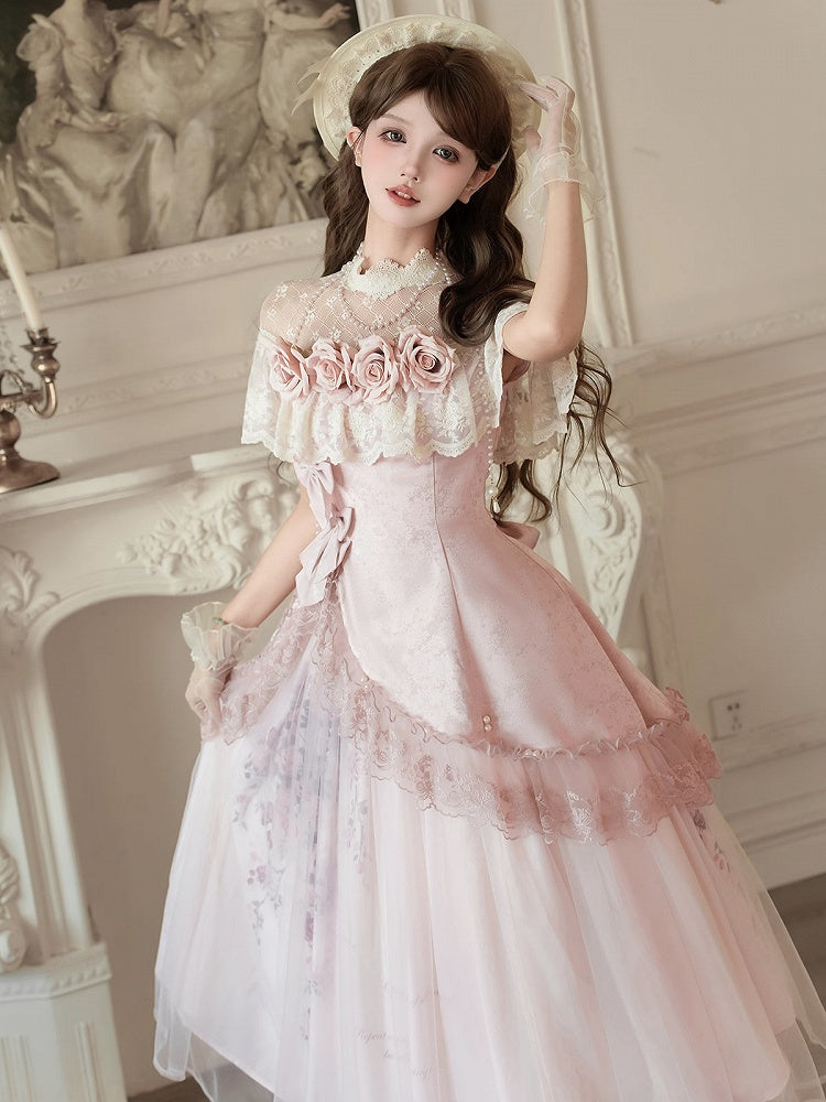 Pink Illusion Neckline Elegant Classic Lolita Top + Floral Print Skirt + Beaded Necklace Set