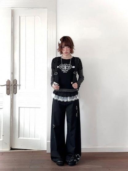 Black & Gray Stripe Top with Star Print Faux Two-pieces Design