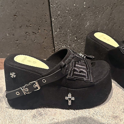 Y2K Skeleton Hand Embroidered Letters Punk Platform Slippers