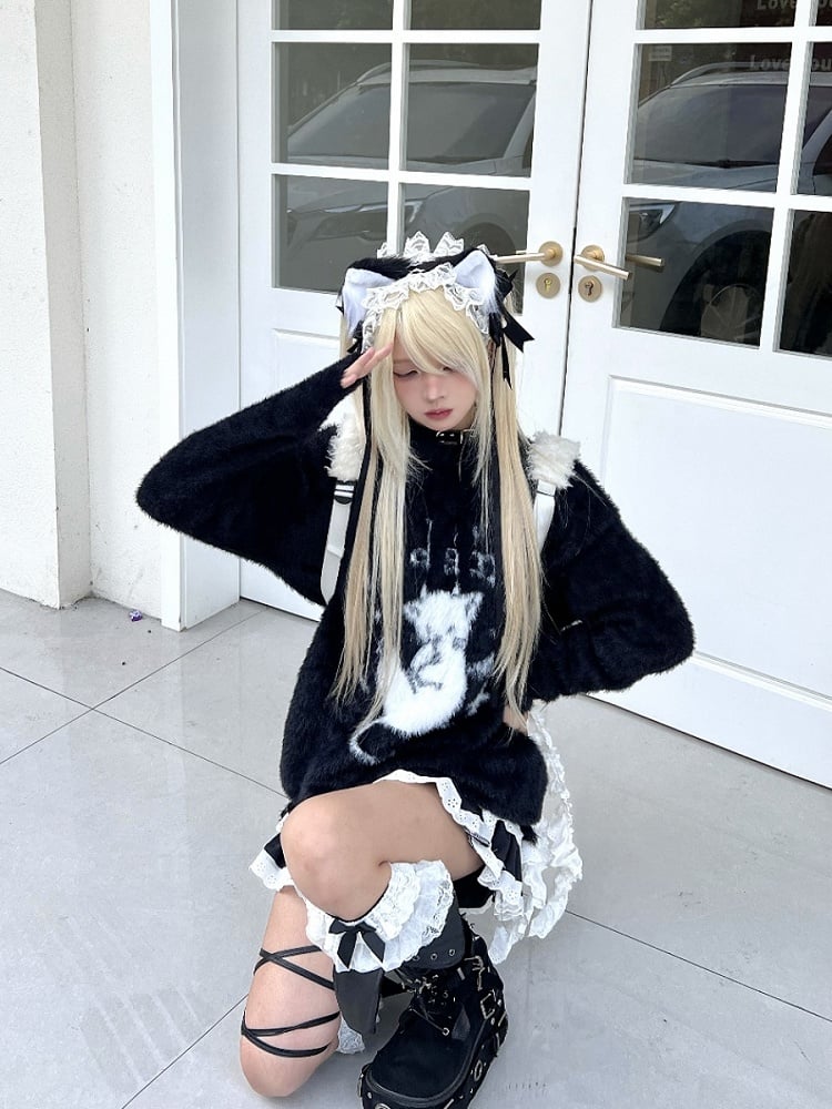 Black/White Plush Sweater with Devil Kitten Design and Distress Trim