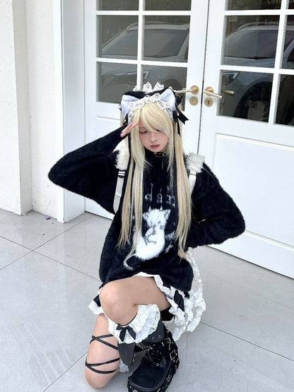 Black/White Plush Sweater with Devil Kitten Design and Distress Trim