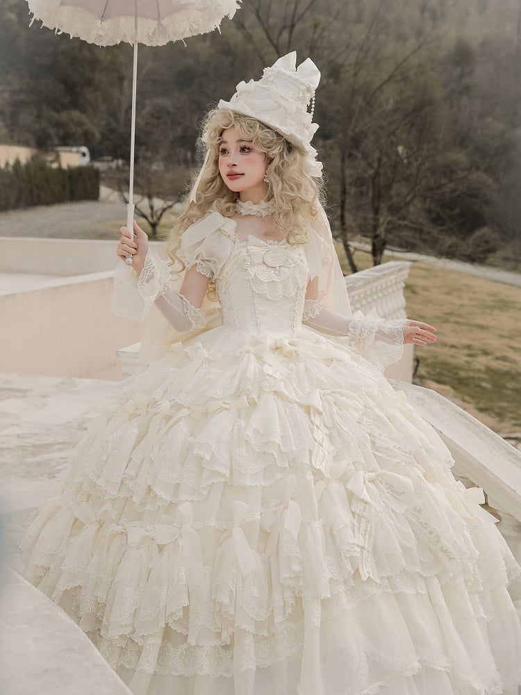 Gorgeous Hanayome Lolita Creamy White Bow Accents Wedding Dress / Full Set