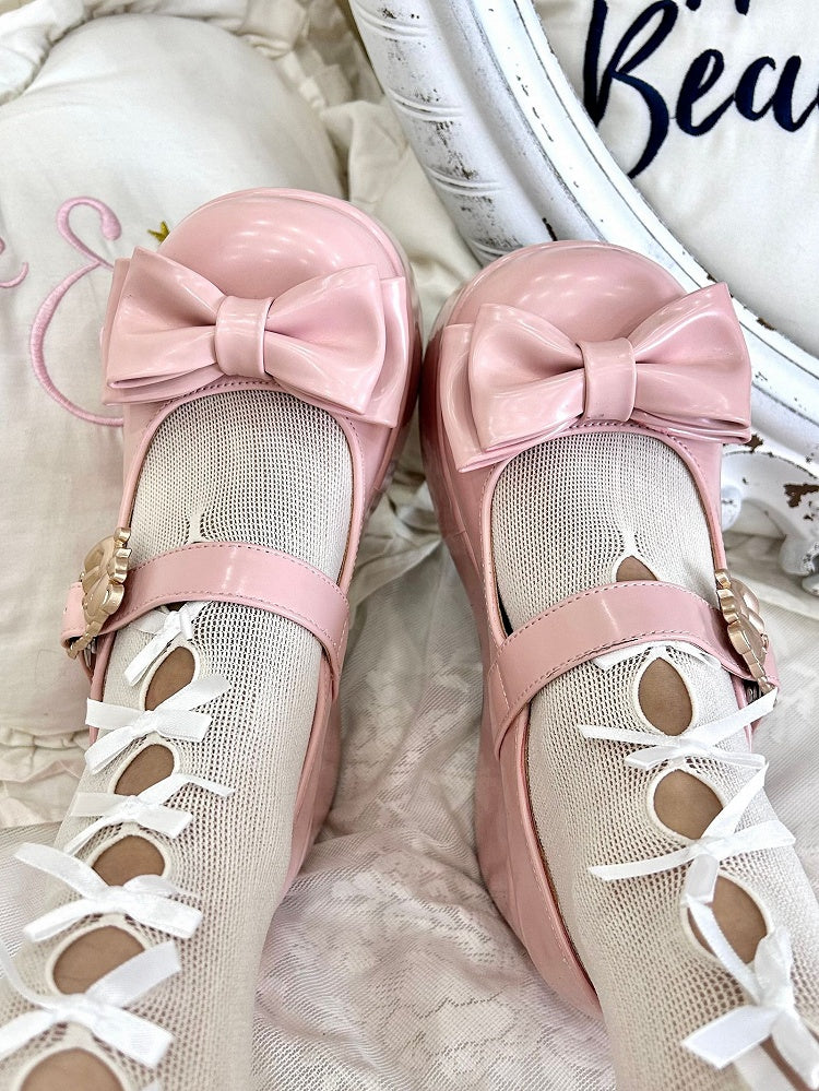 Hugging Bear Heart Buckle Pink Bow at Top Platform Mary Janes with Velcro Strap