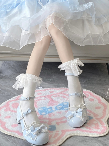 Blue Ruffle Trim Decorated Bow at Top 3.5CM Sweet Lolita Block Heel Mary Janes